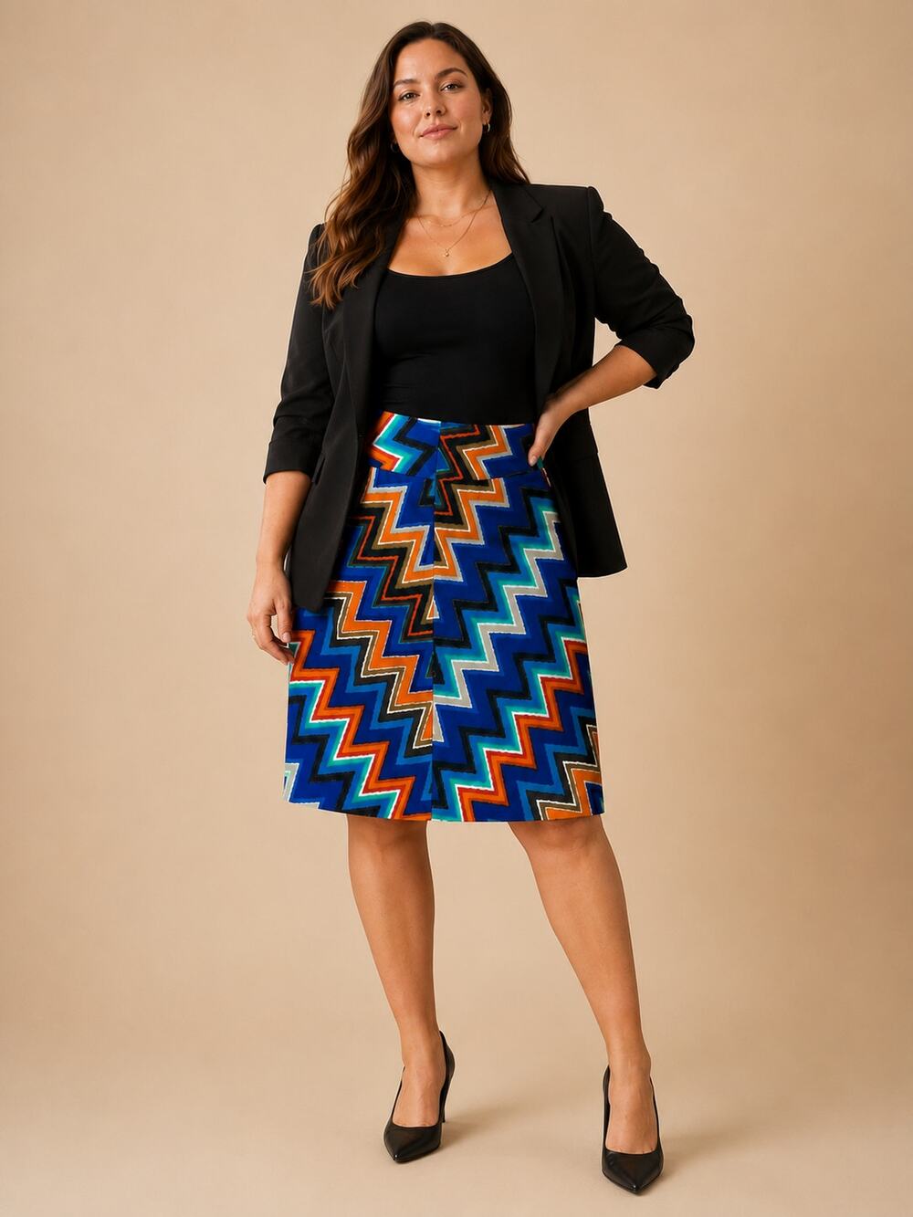 Blue Pencil Skirt Abstract Zigzag Print 14 Knee Length Maximalist Officecore